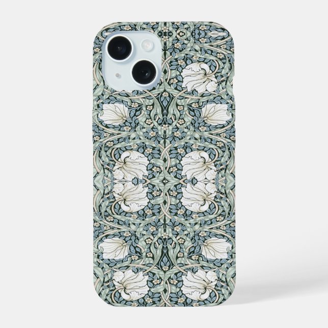Coque iPhone 15 William Morris Pimpernel Blue Intricate Pattern  (Verso)