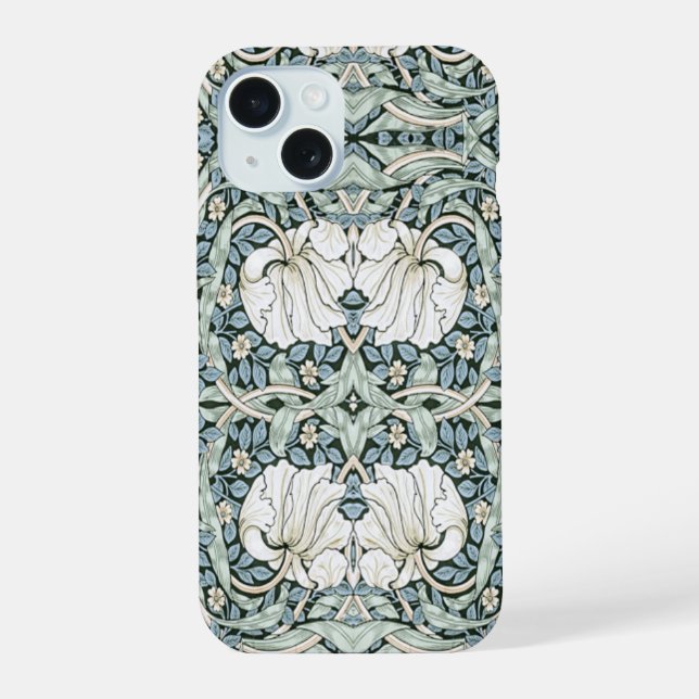 Coque iPhone 15 William Morris Pimpernel motif bleu complexe  (Verso)