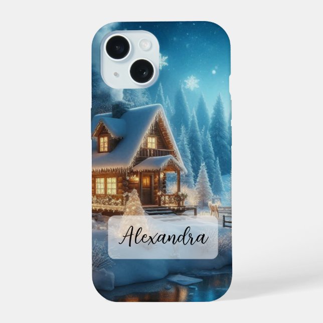 Coque iPhone 15 Winter Wonderland Cabine neige avec rivière gelée (Verso)