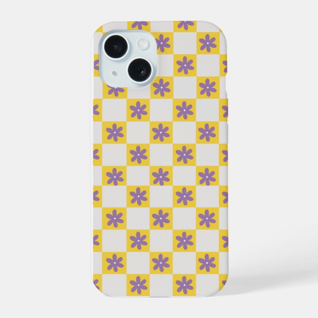 Coque iPhone 15 Yellow Checkerboard Floral Pattern – Purple Daisy  (Verso)