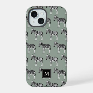 Coque iPhone 15 Zebra Exotic Animal Motif Sage Green Monogramme