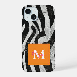 Coque iPhone 15 Zèbre Artistique Gris Orange & Monogramme Rose Cha