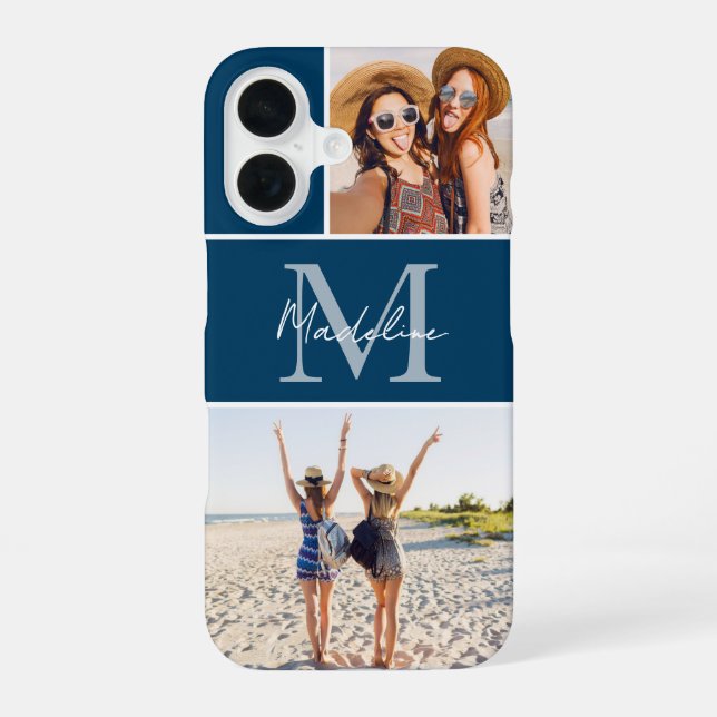 Coque iPhone 16 2 Collage Photo Monogrammé Bleu  (Verso)