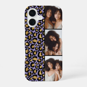 Coque iPhone 16 3 Photo Violet Et Imprimé Léopard Doré