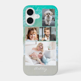 Coque iPhone 16 4 photos de famille ou d'amis, nom de script, plag