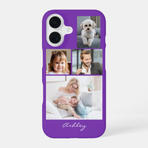 Coque iPhone 16 4 photos de famille ou d'amis, nom de script sur f