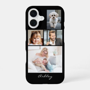 Coque iPhone 16 4 photos de famille ou d'amis, nom écrit sur fond