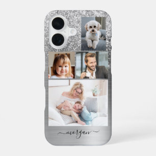 Coque iPhone 16 4 Photos, Métal Faux Argent Brossé, Paillettes, No