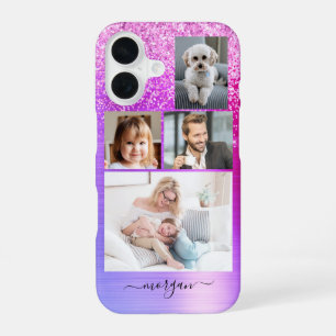Coque iPhone 16 4 Photos, Métal Violet Faux Brossé, Paillettes, No