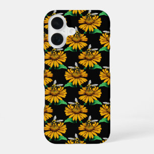 Coque iPhone 16 Abeille sur motif de fleur de tournesol noir 