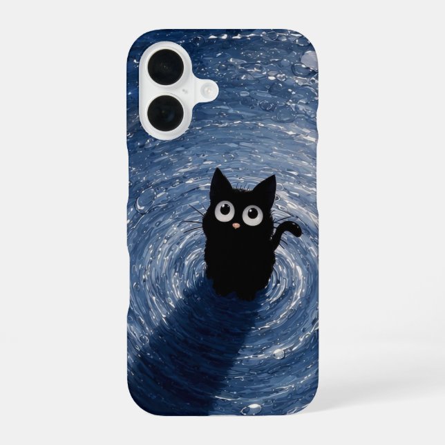 Coque iPhone 16 Adorable Chat Noir sous Nuit Étoilée iPhone 16 (Verso)