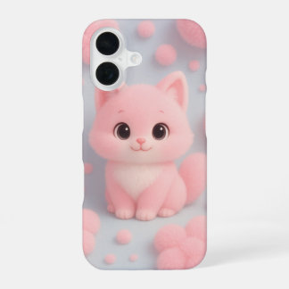 Coque iPhone 16 Adorable Kitten rose avec Pom-Poms Fluffy
