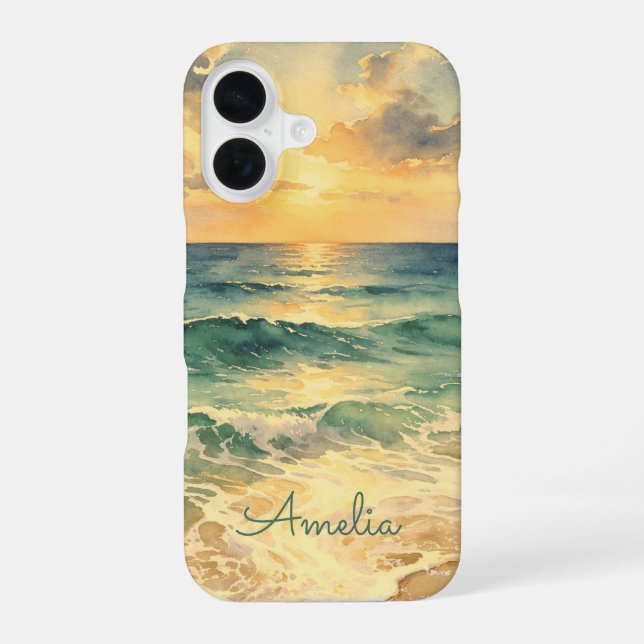 Coque iPhone 16 Aesthetic Beach Sunset Watercolor Custom Name (Verso)