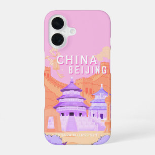 Coque iPhone 16 Affiche de voyage à Pékin Chine Art rose et lava