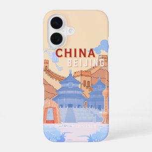 Coque iPhone 16 Affiche de voyage à Pékin Chine Pastel Bleu & Pê