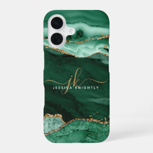 Coque iPhone 16 Agate vert moderne Parties scintillant or Monogram
