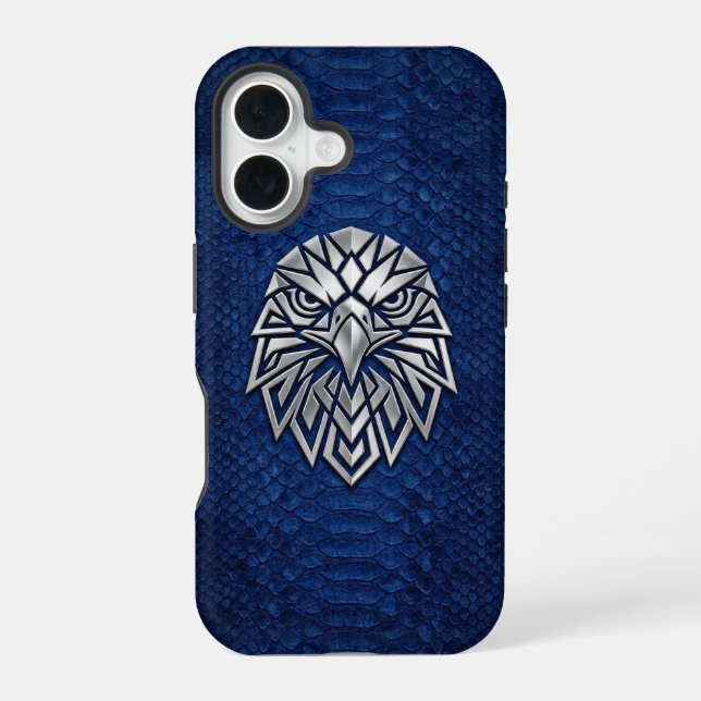 Coque iPhone 16 Aigle géométrique Chrome Argent iPhone Python Bleu (Verso)