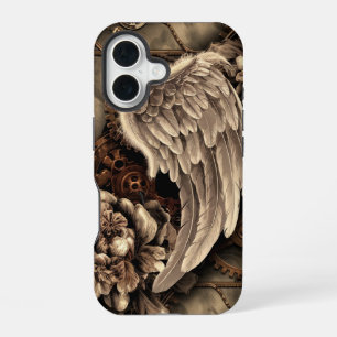 Coque iPhone 16 Ailes, engrenages et fleurs de vapeur éthérées