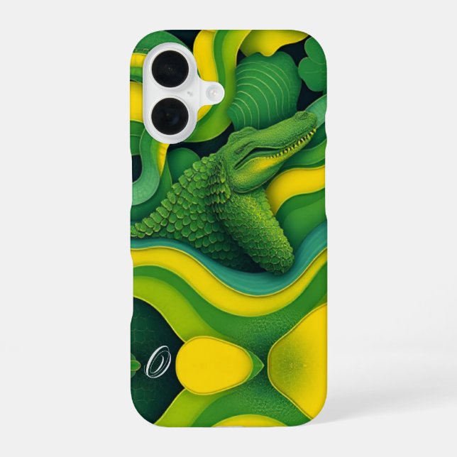 Coque iPhone 16 Alligator Crocodile Dragon Monogramme Vert Jaune  (Verso)