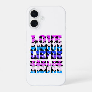 Coque iPhone 16 Amour Typographie Langues Cœurs Rose Violet Bleu