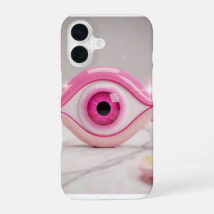 Coque iPhone 16 Amulette de l'œil mauvais rose sur surface de marb