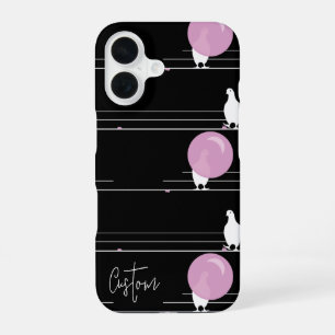 Coque iPhone 16 Amusant Bubblegum Birds sur un Motif à fil avec no