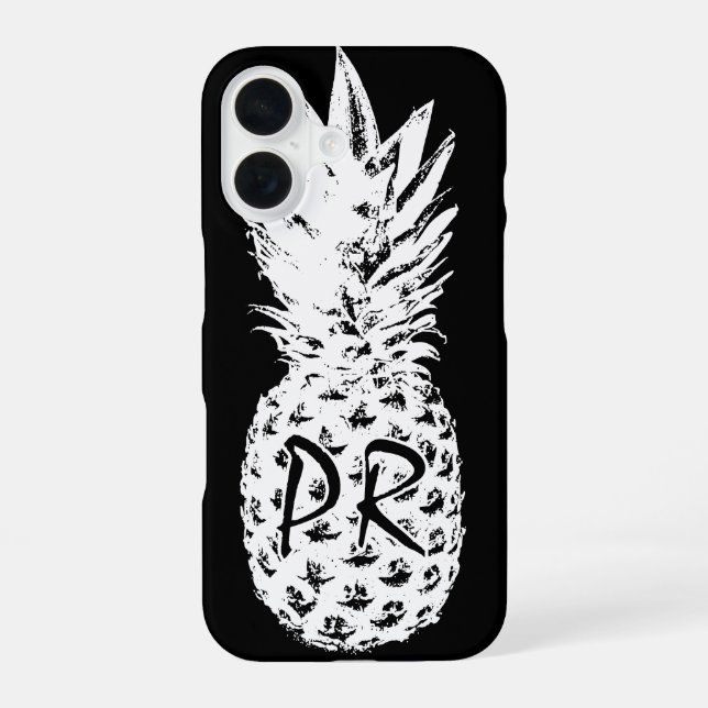 Coque iPhone 16 Ananas dessin noir et blanc monogramme personnalis (Verso)