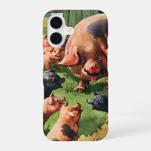 Coque iPhone 16 Animaux de ferme vintage, cochon avec de mignons p