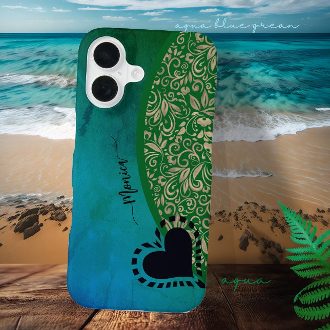 Coque iPhone 16 Aqua Bleu Vert Moderne Fleur Heart  (Aqua Blue Green Modern Floral Heart iPhone 16 )