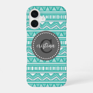 Coque iPhone 16 Aqua et Charbon de bois Aztec Chevron Monogramme p