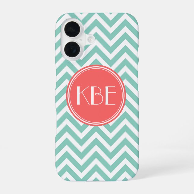 Coque iPhone 16 Aqua et Corail Monogramme Chevron Moderne (Verso)