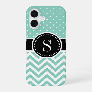 Coque iPhone 16 Aqua pois et monogramme chevron