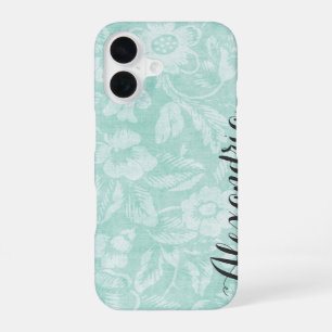 Coque iPhone 16 Aqua Vintage Floral Imprimer Monogramme