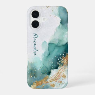 Coque iPhone 16 Aquarelle Abstraite Sarcelle et Or Élégante