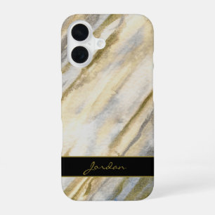 Coque iPhone 16 Aquarelle Flux en Gris Tan Bleu & Or avec nom