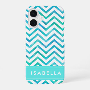 Coque iPhone 16 Aquarelle moderne sarcelle bleu-vert avec monogram