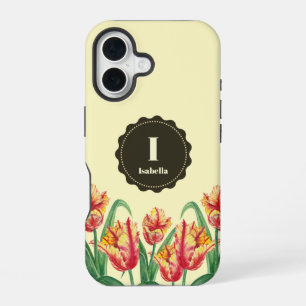 Coque iPhone 16 Aquarelle Tulipes de perroquets jaunes Monogramme