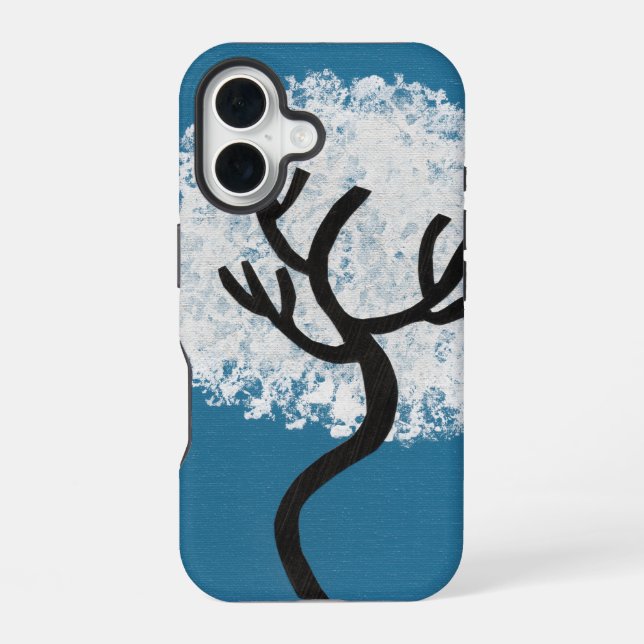 Coque iPhone 16 Arbre abstrait sur fond bleu (Verso)