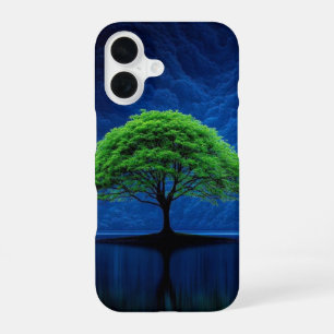 Coque iPhone 16 Arbre vert vibrant sur téléphone lac bleu minuit 