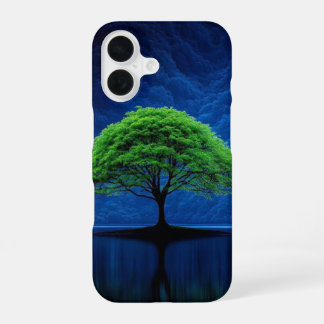 Coque iPhone 16 Arbre vert vibrant sur téléphone lac bleu minuit