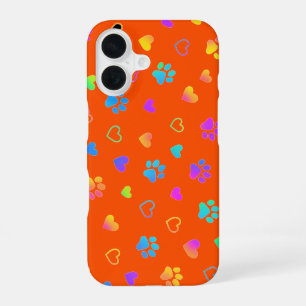Coque iPhone 16 Arc-en-ciel vibrant Patte et Cœur Orange