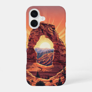 Coque iPhone 16 Arche rocheuse vintage au soleil couchant