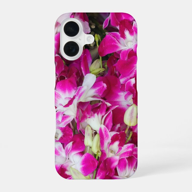 Coque iPhone 16 Arrière - plan de fleurs d'orchidées violettes (Verso)