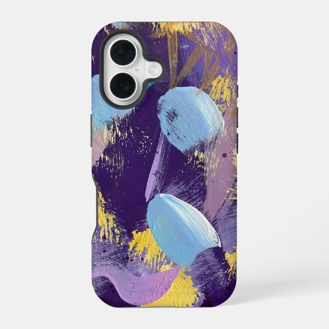 Coque iPhone 16 Art abstrait bleu, violet et jaune (Verso)