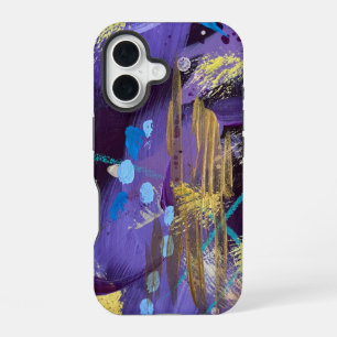 Coque iPhone 16 Art abstrait bleu, violet et or excitant