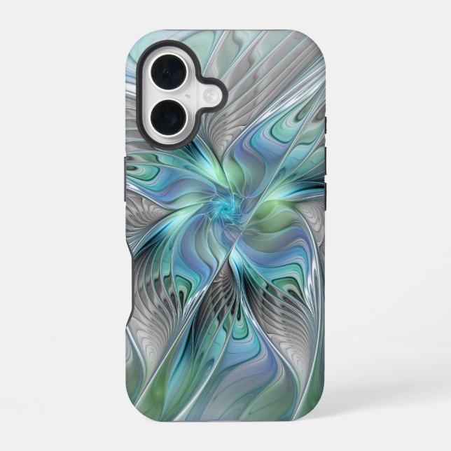 Coque iPhone 16 Art abstrait papillon bleu vert fantasy fractal (Verso)