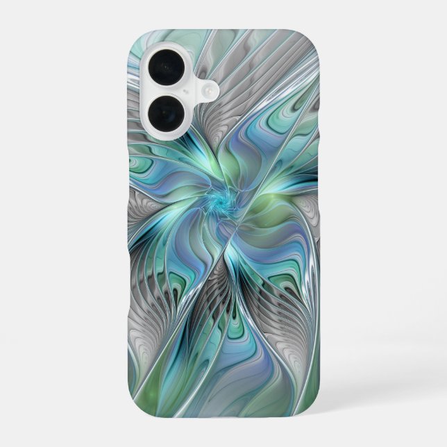 Coque iPhone 16 Art abstrait papillon bleu vert fantasy fractal (Verso)