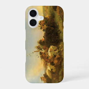 Coque iPhone 16 Art américain de l'Ouest vintage, chasse au buffle