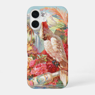 Coque iPhone 16 Art botanique vintage de cacatoès tropical et rose