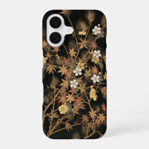 Coque iPhone 16 Art floral automnal noir doré vintage japonais